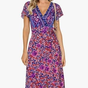 Boho floral wrap dress, Zesica, Purple, Large, Purple & Pink